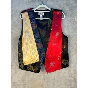 VTG Chico's Designs Vest Large Satin Patchwork Asian Inspired Floral 80s 90s